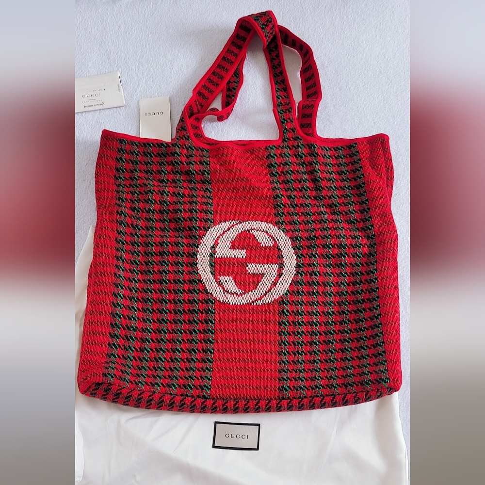 Authentic Gucci cauliflower embroidered houndstooth and stripe Wool tote bag - Picture 4 of 16